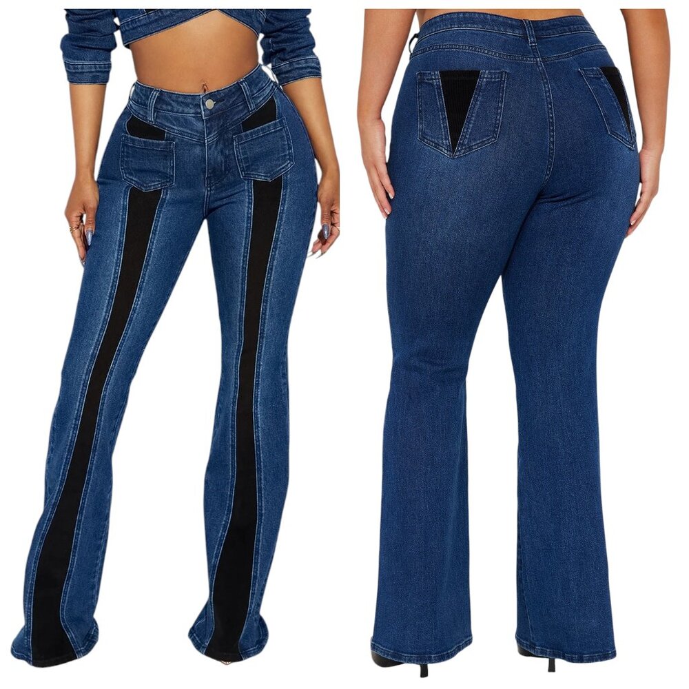 NOVA Corduroy Vertical Panel 70's Inspired High Rise Flare Stretch Jeans 16 Plus